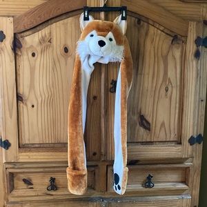Kids Orange brown white dog wolf hat with attached paw gloves scarf - one size